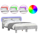 vidaXL betonszürke ágykeret fejtámlával és LED-del 135x190 cm