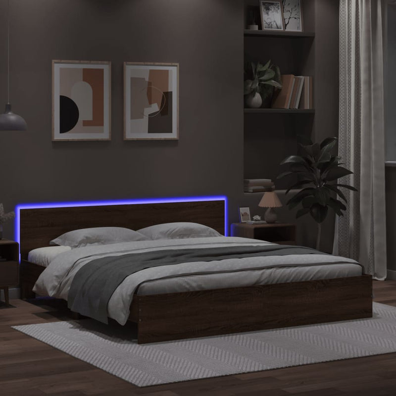 vidaXL barna tölgy ágykeret fejtámlával és LED-del 200 x 200 cm