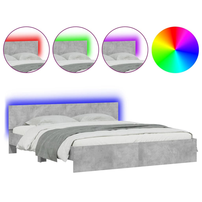 vidaXL betonszürke ágykeret fejtámlával és LED-del 180 x 200 cm