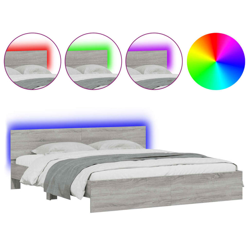vidaXL szürke sonoma színű ágykeret fejtámlával és LED-del 180x200 cm