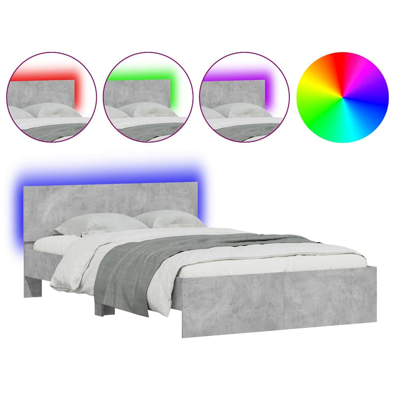 vidaXL betonszürke ágykeret fejtámlával és LED-del 140x200 cm