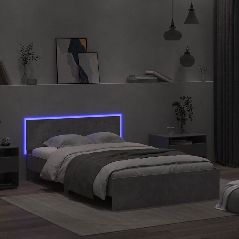 vidaXL betonszürke ágykeret fejtámlával és LED-del 140x200 cm