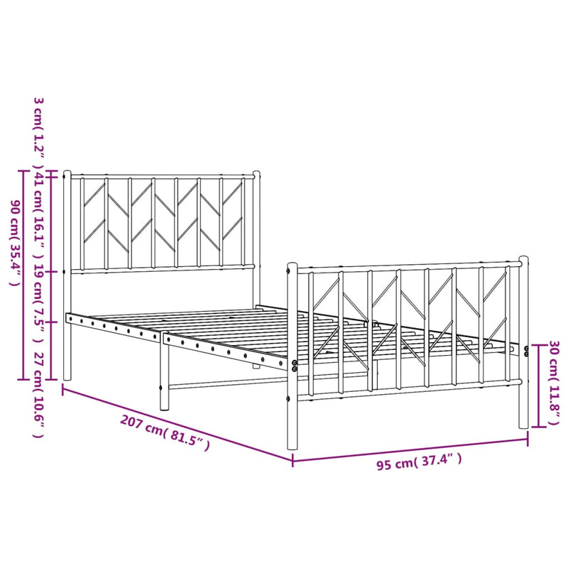 vidaXL fekete fém ágykeret fej- és lábtámlával 90 x 200 cm