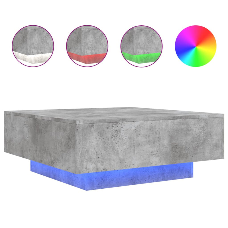 vidaXL betonszürke dohányzóasztal LED-lámpákkal 80 x 8 0x 31 cm