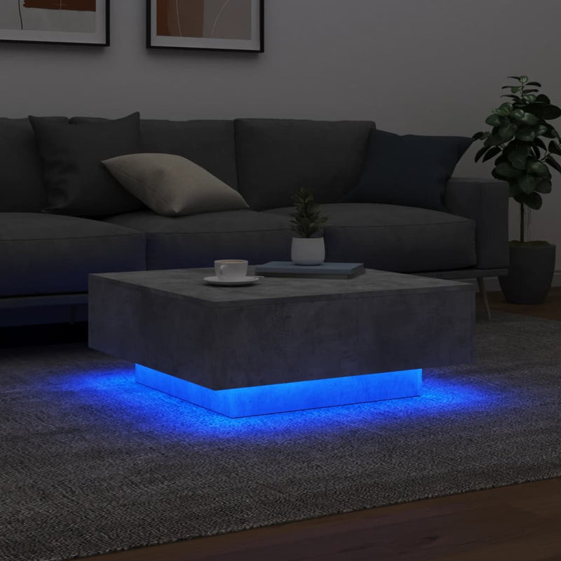 vidaXL betonszürke dohányzóasztal LED-lámpákkal 80 x 8 0x 31 cm