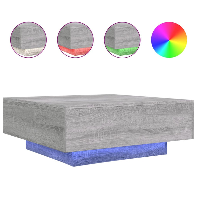 vidaXL szürke sonoma színű dohányzóasztal LED-lámpákkal 80x80x31 cm