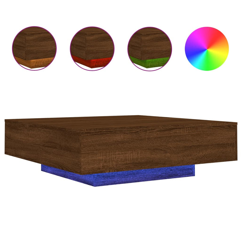 vidaXL barna tölgyszínű dohányzóasztal LED-lámpákkal 100 x 100 x 31 cm