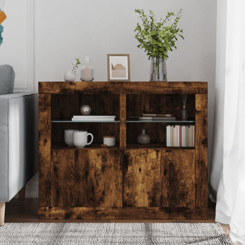 vidaXL 2 db füstös tölgy színű szerelt fa kisszekrény LED-fényekkel