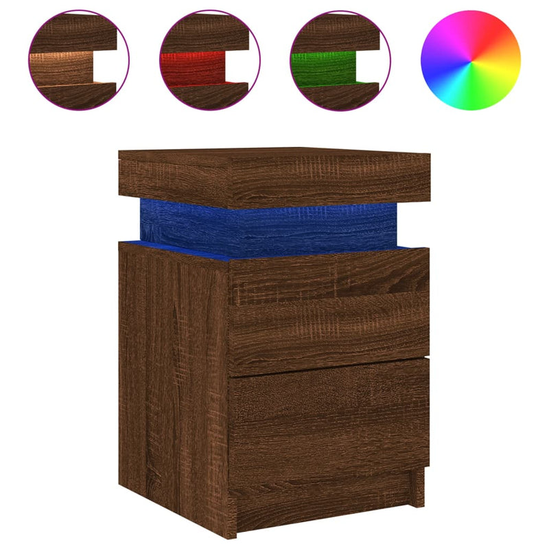 vidaXL 2 db barna tölgy színű éjjeliszekrény LED-ekkel 35 x 39 x 55 cm