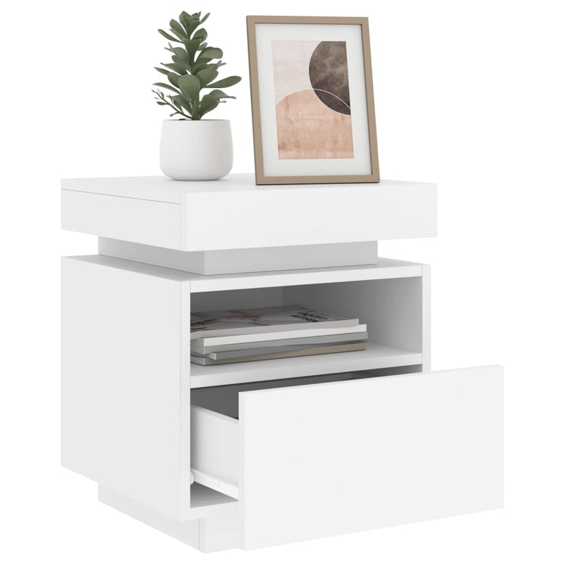 vidaXL 2 db fehér műfa éjjeliszekrény LED-fényekkel 40x39x48,5 cm