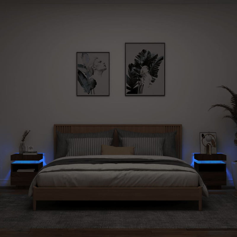 vidaXL 2 db barna tölgy éjjeliszekrény LED-fényekkel 40x39x48,5 cm