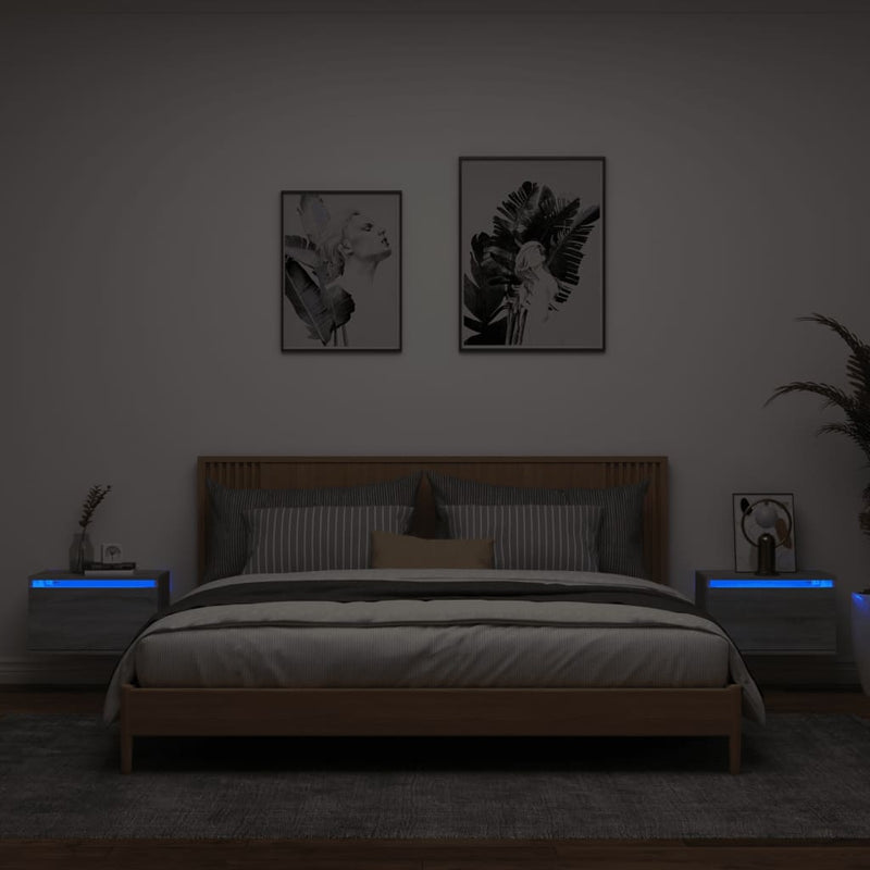 vidaXL 2 db szürke sonoma színű fali éjjeliszekrény LED-világítással