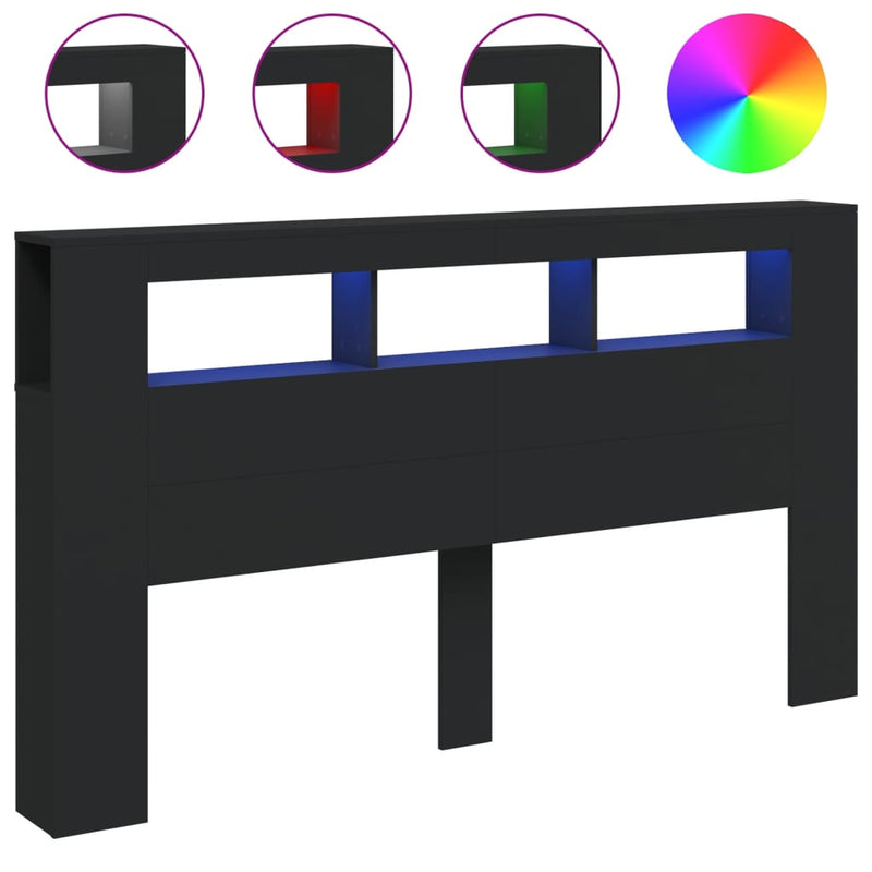 vidaXL fekete szerelt fa LED-es fejtámla 180x18,5x103,5 cm