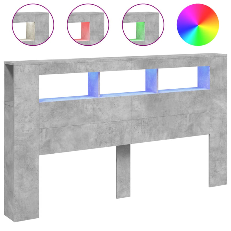 vidaXL betonszürke szerelt fa LED-es fejtámla 180x18,5x103,5 cm