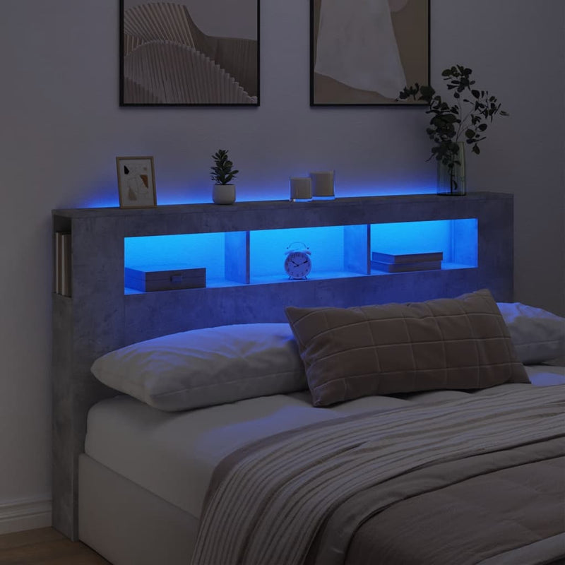 vidaXL betonszürke szerelt fa LED-es fejtámla 180x18,5x103,5 cm