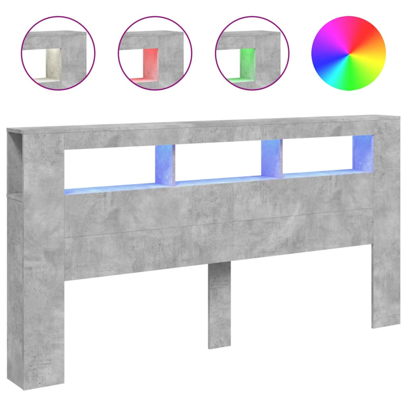 vidaXL betonszürke szerelt fa LED-es fejtámla 200 x 18,5 x 103,5 cm