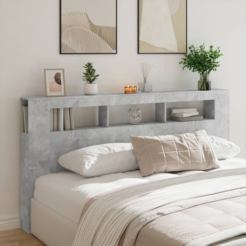 vidaXL betonszürke szerelt fa LED-es fejtámla 200 x 18,5 x 103,5 cm