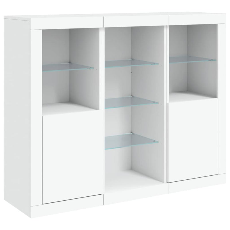 vidaXL 3 db fehér szerelt fa tálalószekrény LED-ekkel