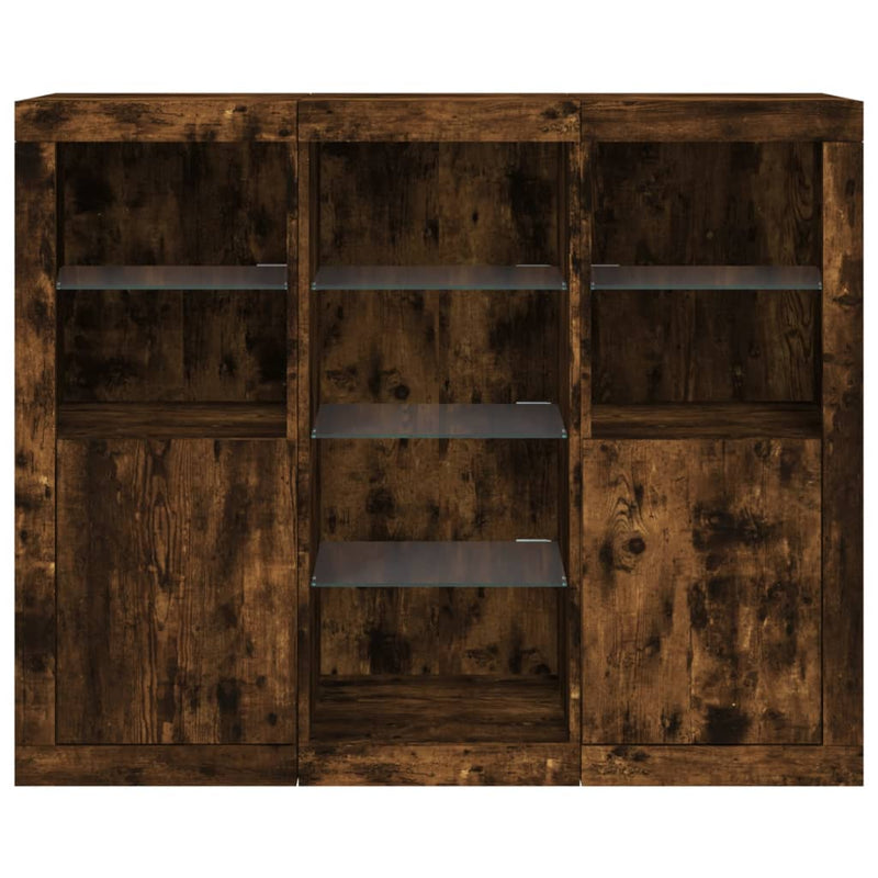 vidaXL 3 db füstös tölgy színű szerelt fa tálalószekrény LED-ekkel