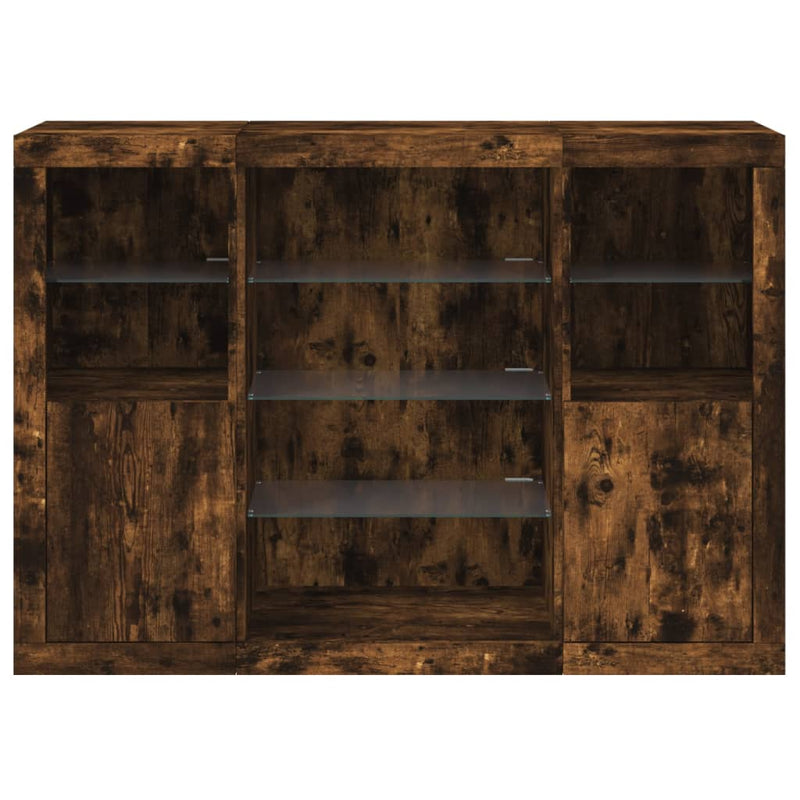 vidaXL 3 db füstös tölgy színű szerelt fa tálalószekrény LED-ekkel