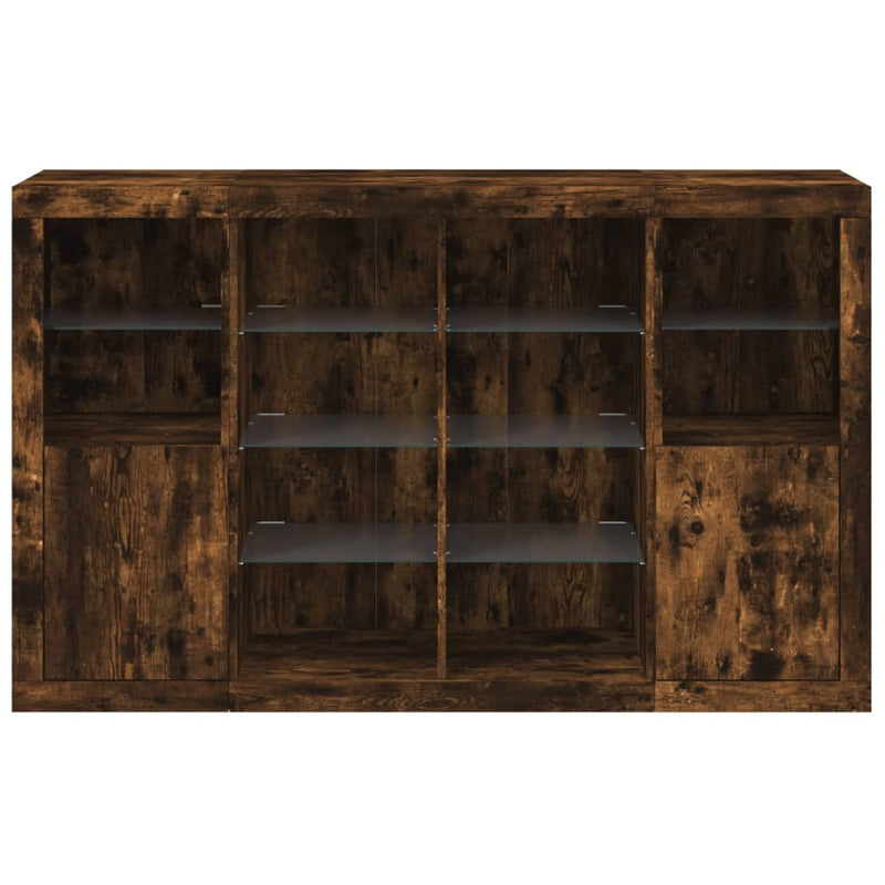 vidaXL 3 db füstös tölgy színű szerelt fa tálalószekrény LED-ekkel