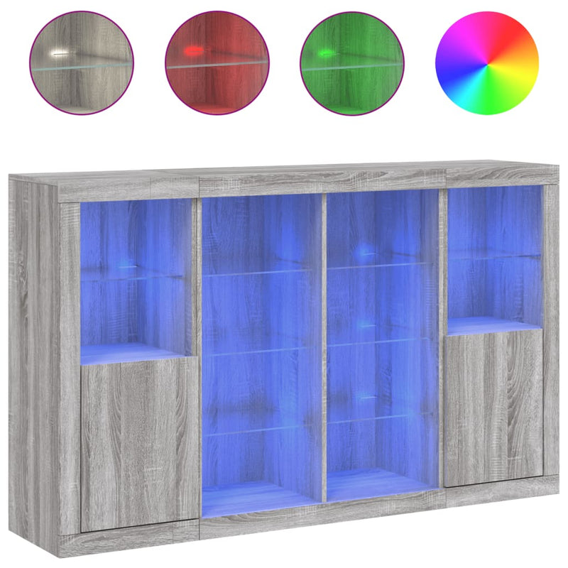 vidaXL 3 db szürke sonoma színű szerelt fa tálalószekrény LED-ekkel