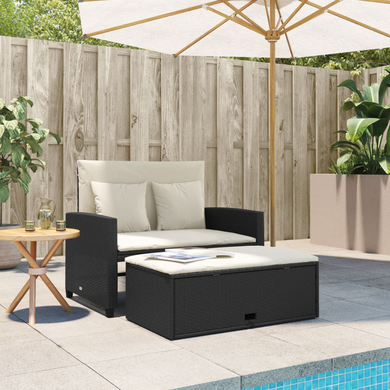 vidaXL 2 személyes fekete polyrattan kerti kanapé párnával