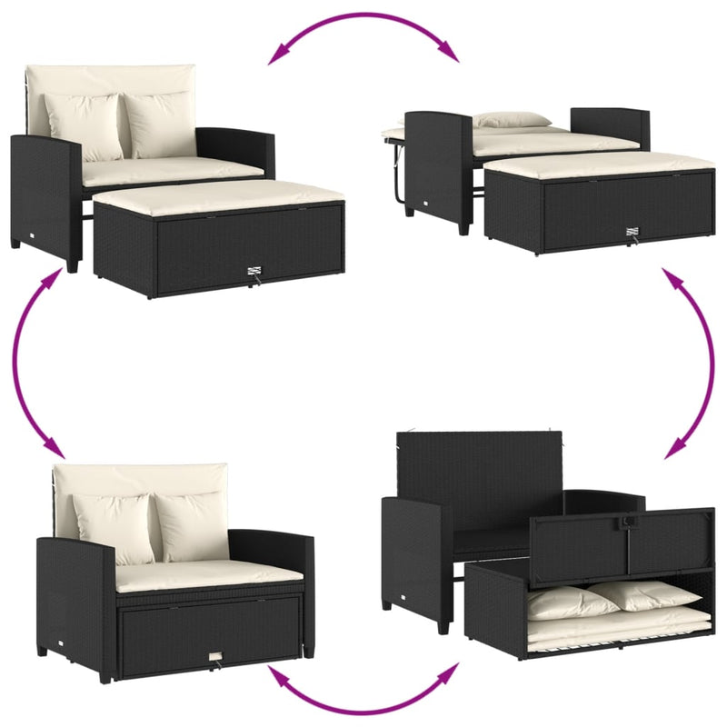 vidaXL 2 személyes fekete polyrattan kerti kanapé párnával