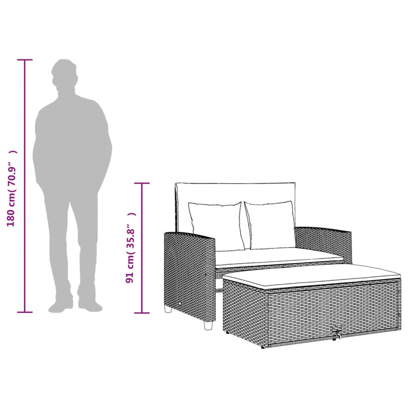 vidaXL 2 személyes fekete polyrattan kerti kanapé párnával