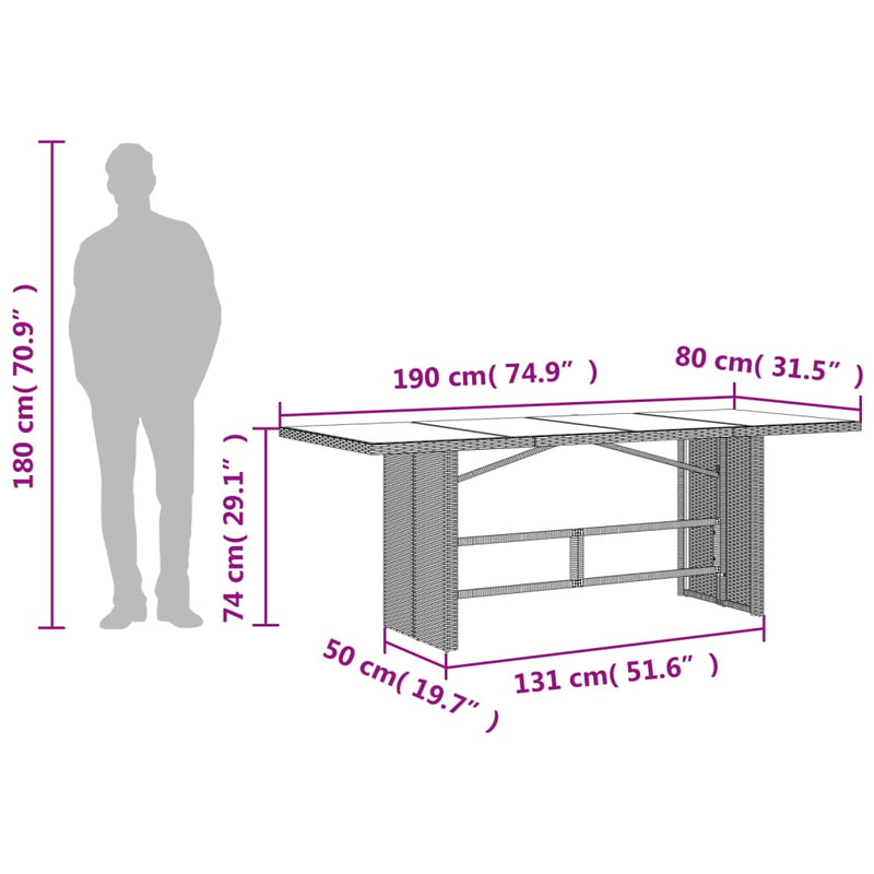 vidaXL szürke polyrattan üveglapos kerti asztal 190x80x74 cm