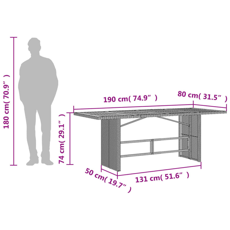 vidaXL fekete polyrattan akácfa lapos kerti asztal 190 x 80 x 74 cm