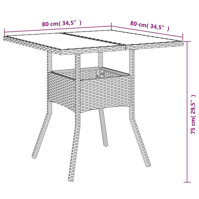 vidaXL szürke polyrattan üveglapos kerti asztal 80 x 80 x 75 cm