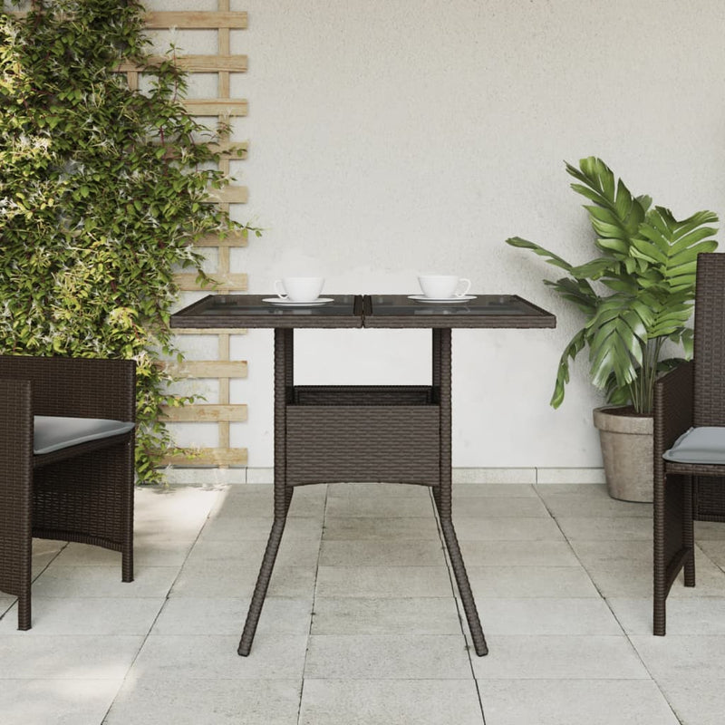 vidaXL barna polyrattan üveglapos kerti asztal 80 x 80 x 75 cm