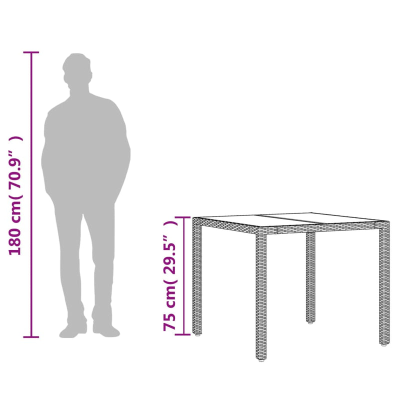 vidaXL barna polyrattan üveglapos kerti asztal 90 x 90 x 75 cm