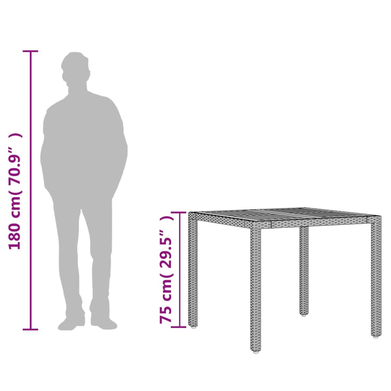 vidaXL fekete polyrattan kerti asztal akácfa lappal 90 x 90 x 75 cm