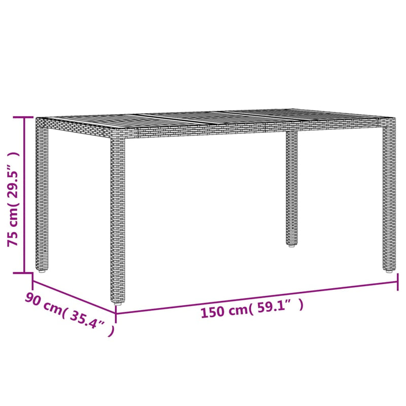 vidaXL fekete polyrattan kerti asztal akácfa lappal 150 x 90 x 75 cm