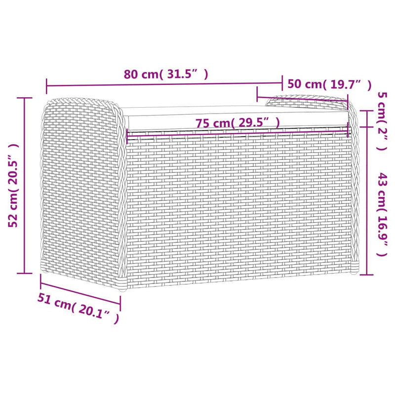 vidaXL fekete polyrattan tárolópad párnával 80 x 51 x 52 cm