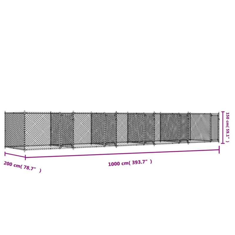 vidaXL szürke horganyzott acél kutyaketrec ajtókkal 10 x 2 x 1,5 m