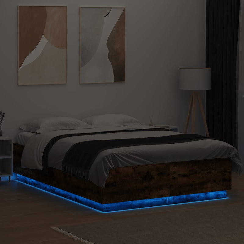 vidaXL füstös tölgy színű szerelt fa ágykeret LED-del 150x200 cm