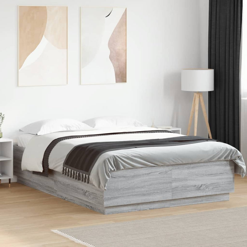 vidaXL szürke sonoma színű szerelt fa ágykeret LED-del 150x200 cm