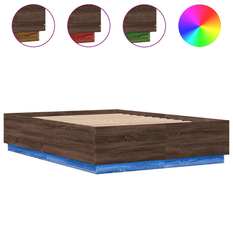 vidaXL barna tölgyszínű szerelt fa ágykeret LED-del 150 x 200 cm