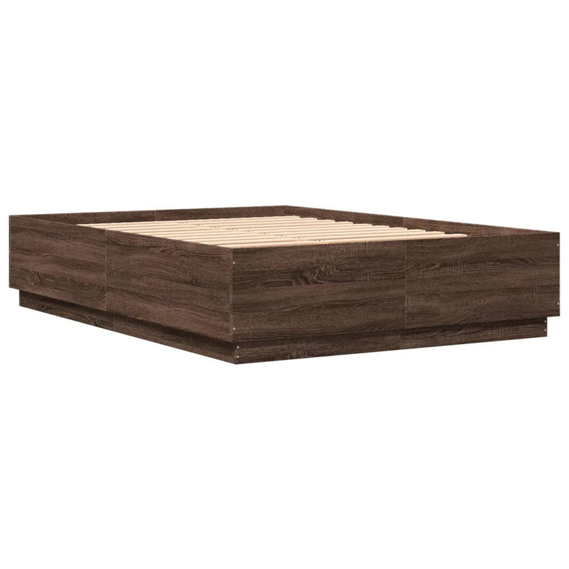 vidaXL barna tölgyszínű szerelt fa ágykeret LED-del 150 x 200 cm