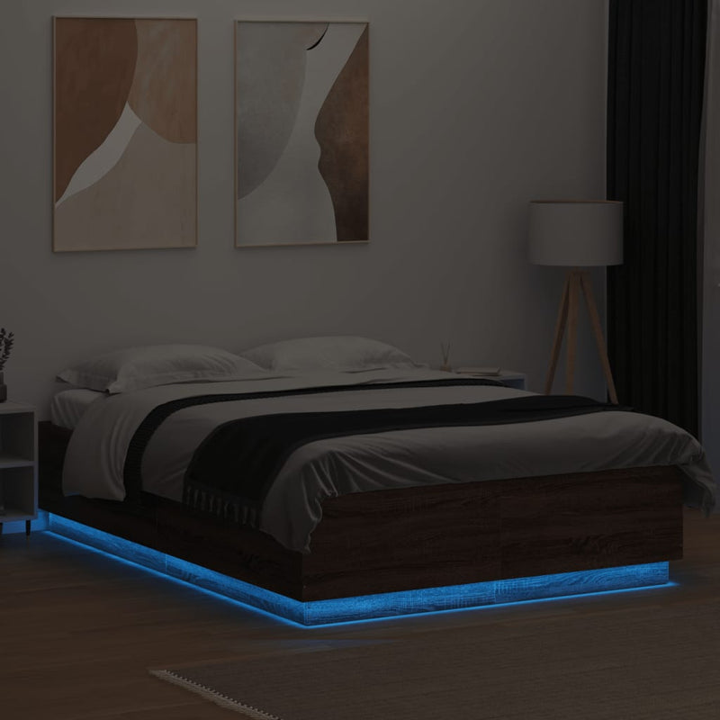 vidaXL barna tölgyszínű szerelt fa ágykeret LED-del 150 x 200 cm