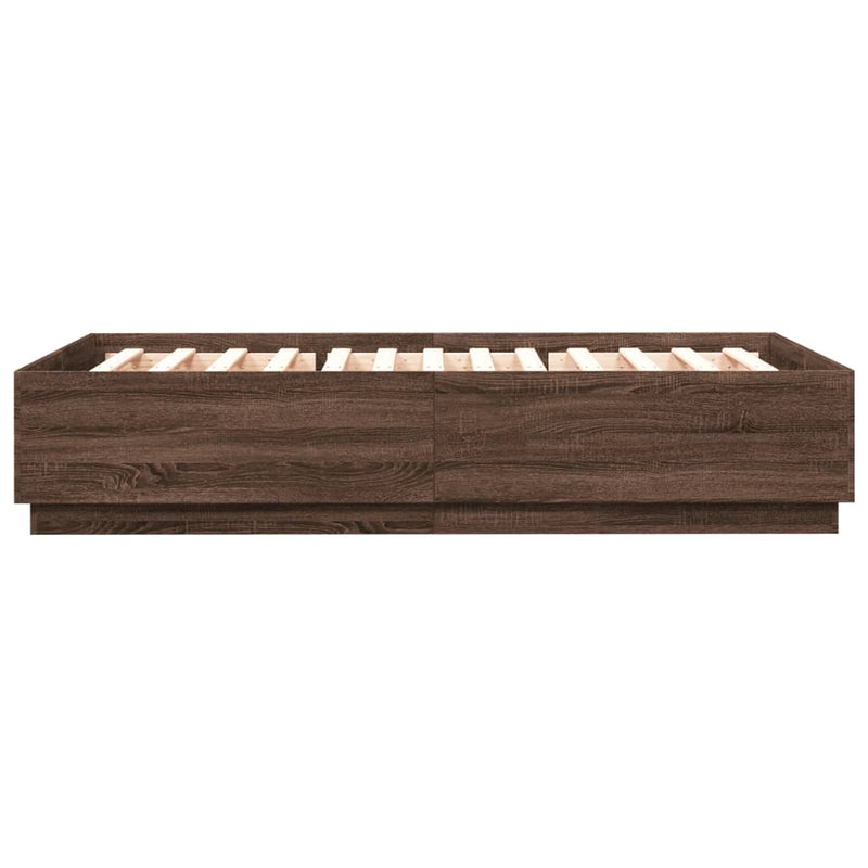 vidaXL barna tölgyszínű szerelt fa ágykeret LED-del 150 x 200 cm