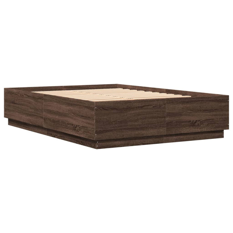 vidaXL barna tölgyszínű szerelt fa ágykeret LED-del 150 x 200 cm