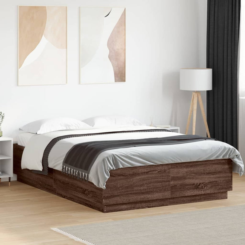 vidaXL barna tölgyszínű szerelt fa ágykeret LED-del 150 x 200 cm
