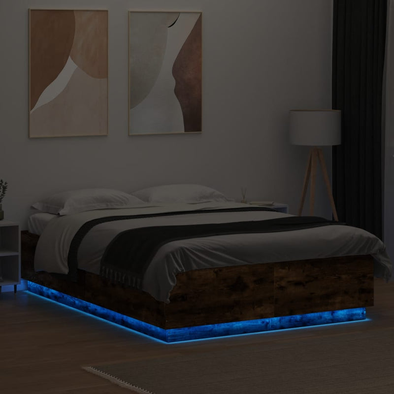 vidaXL füstös tölgy színű szerelt fa ágykeret LED-del 140x200 cm
