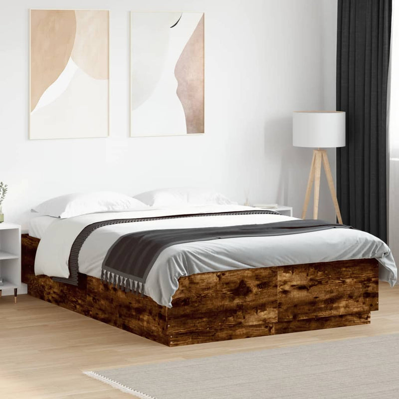 vidaXL füstös tölgy színű szerelt fa ágykeret LED-del 140x200 cm