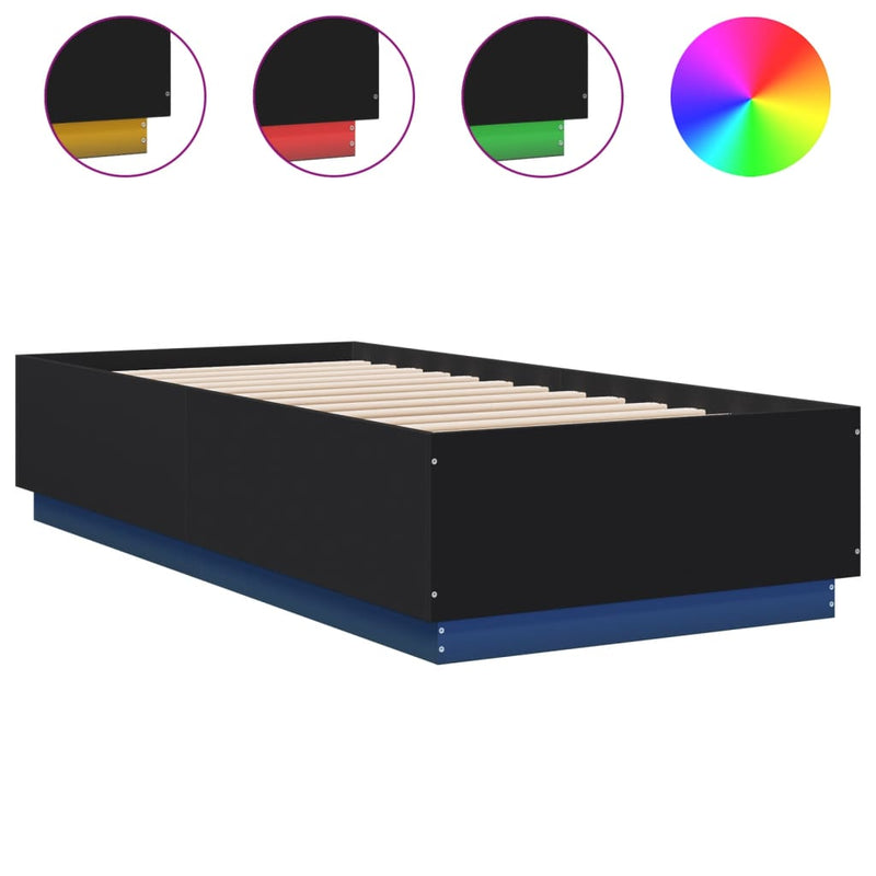 vidaXL fekete szerelt fa ágykeret LED-világítással 90 x 200 cm