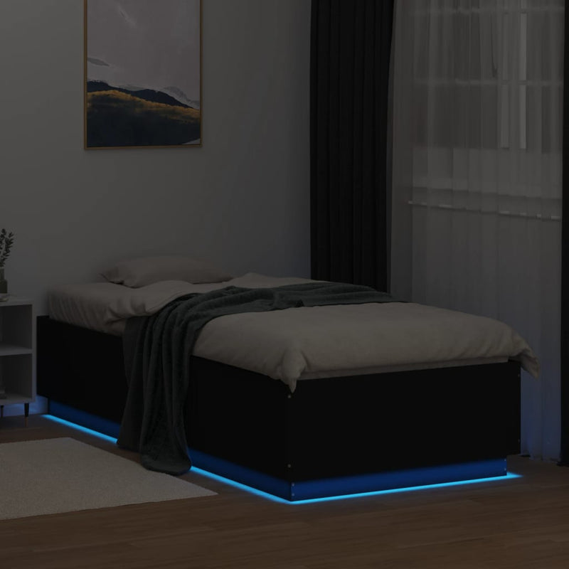 vidaXL fekete szerelt fa ágykeret LED-világítással 90 x 200 cm